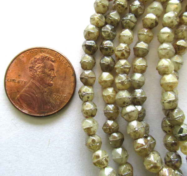 50 4mm Czech glass English cut faceted beads - translucent off white or champagne beads with a picasso finish - C0069