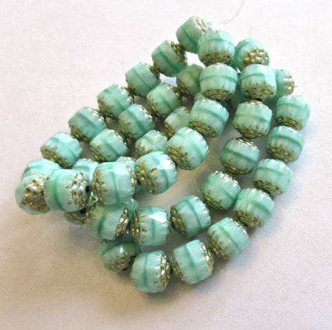 Fifteen 8mm Czech glass cathedral beads - opaque mint green silk w/ gold picasso accents - faceted fire polished antique cut beads C00522