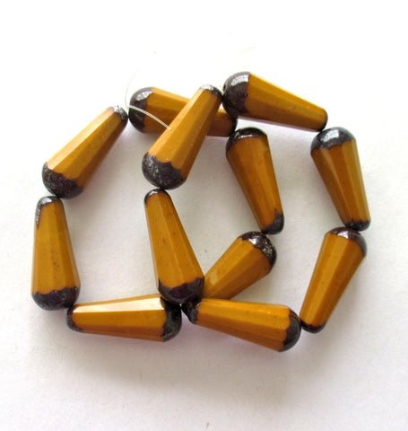 Six Czech glass long faceted teardrop beads - opaque pumpkin orange w/ picasso accents - 9 x 20mm elongated tear drops 00152