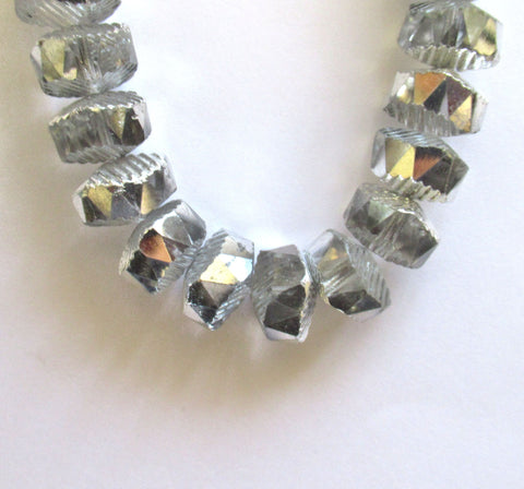 Six Czech glass faceted wavy rondelle beads - large 14 x 6mm silver and crystal mix chunky rondelles - C00941