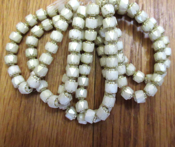 Lot of 20 6mm Czech glass cathedral beads - opaque off white w/ gold picasso accents - faceted fire polished antique cut beads C00941