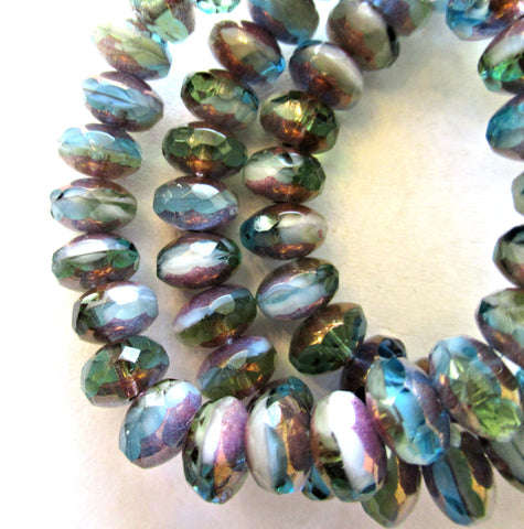 25 Czech glass puffy rondelle beads - 5 x 7mm transparent & opaque Peruvian opal color mix faceted rondelles - 00612