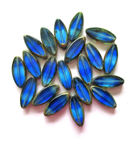 Ten 18 x 7mm Czech glass spindle beads - transparent marbled mix of sapphire and aqua blue picasso - table cut almond shaped beads C00191