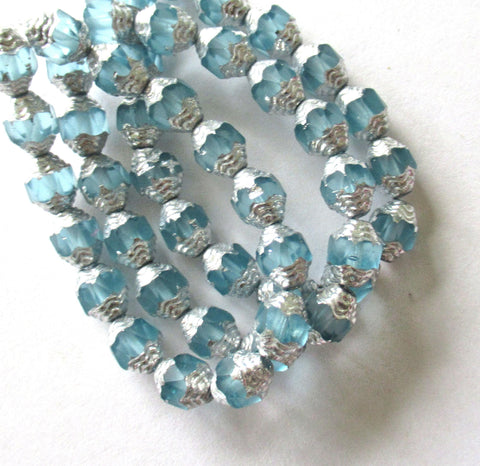 15 Czech glass mini antique style faceted oval beads - 8 x 6mm matte ice blue with silver accents - C00071