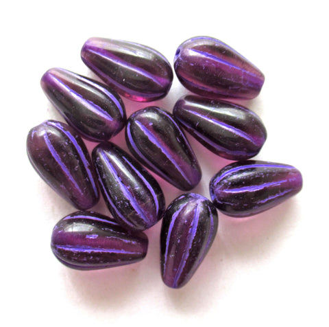 Ten Czech glass teardrop melon beads - amethyst w/ bright purple accents - 15 x 8mm tear drops 00302