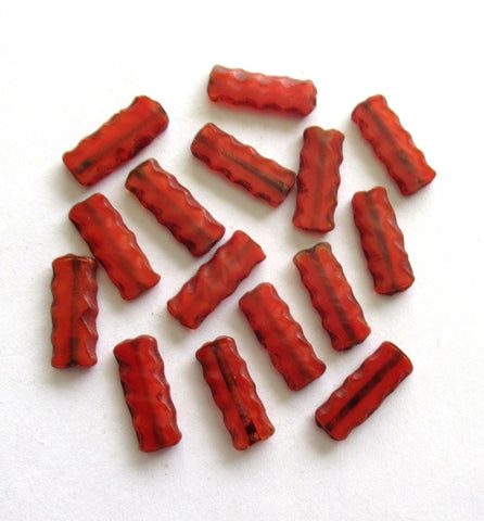 Czech glass rectangle tube beads - translucent red beads with serrated edges - long flat table cut beads - 17 x 7mm - 15 pieces - C00051