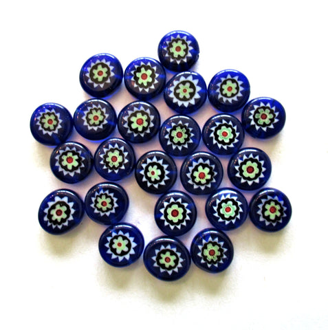 Ten 10mm cane or millefiori glass beads - cobal blue, green and red coin or disc beads - C0095