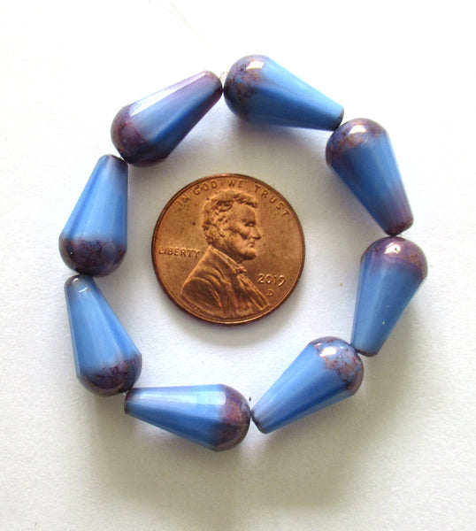 8 Czech glass faceted teardrop beads - 8 x 15mm opaque cornflower & purple blue w/ a bronze finish on the ends - large drop beads - 00442