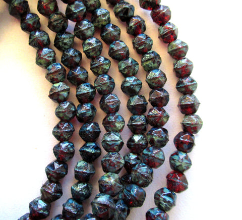 50 4mm Czech glass English cut faceted beads - garnet red beads with a full picasso coat - C0029