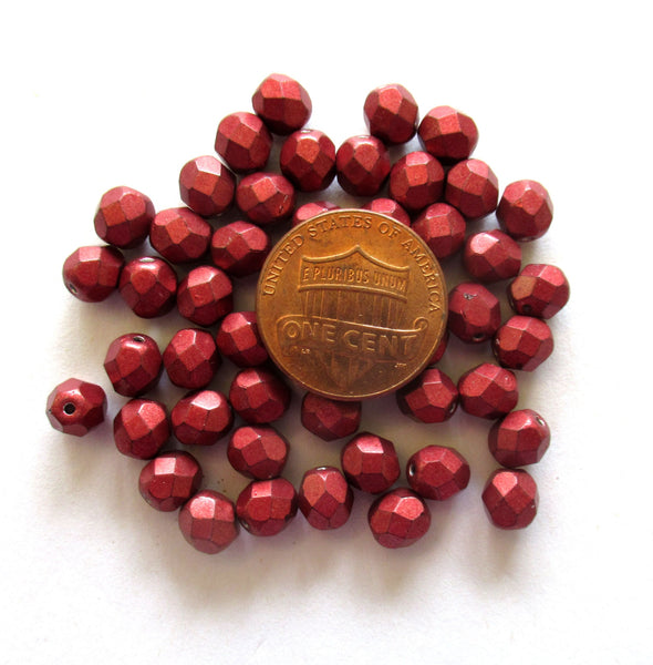 25 6mm Czech glass beads - Saturated Metallic Cherry Tomato Red beads - round faceted fire polished beads - C0076