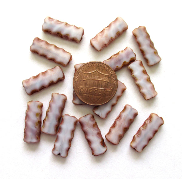 Czech glass rectangle tube beads - white picasso beads with serrated edges - long flat table cut beads - 17 x 7mm - 15 pieces - C00051