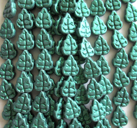 Lot of 25 Czech glass leaf beads - matte metallic suede leafy green beads - 8 x 10mm leaves - C0076