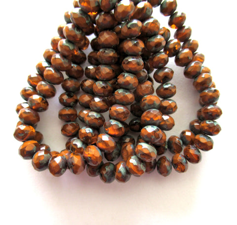 25 Czech glass faceted puffy rondelle beads - 5 x 7mm transparent & opaque rust orange brown mix picasso faceted rondelles C00031