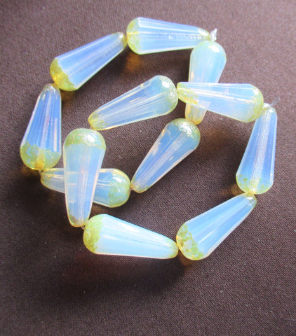 Six Czech glass long faceted teardrop beads - translucent milky white w/ picasso finish on the ends - 9 x 20mm elongated tear drops 19106