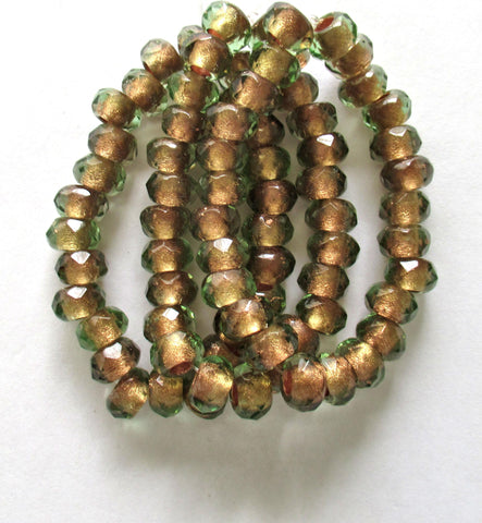 Ten Czech glass roller beads - 9 x 5mm - light green copper lined - faceted - big 3.5mm hole roller - rondelle - donut beads C00911