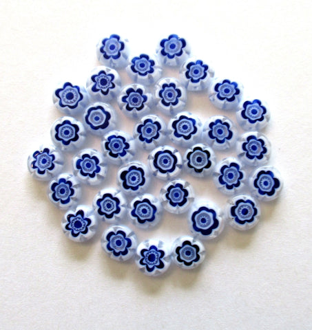 Ten 8mm cane or millefiori glass beads - cobalt blue and white coin or disc beads - C0083