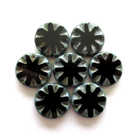 Six large Czech glass coin or disc beads - jet black picasso - 18mm - table cut beads with a spider flower or sun pattern - C00161