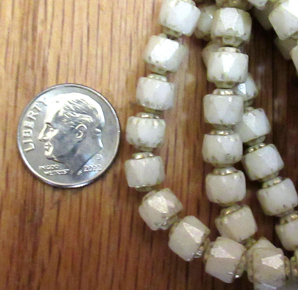 Lot of 20 6mm Czech glass cathedral beads - opaque off white w/ gold picasso accents - faceted fire polished antique cut beads C00941