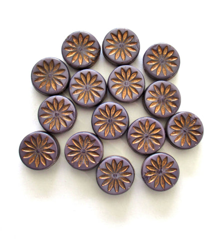 6 Czech glass coin beads - 12mm opaque purple / amethyst Aster flower disc beads with copper accents - thick flat round beads - 00201