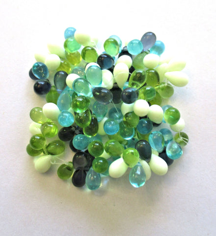 25 Czech glass drop beads - transparent blue and green & opaque white mix w/a picasso finish - smooth teardrop beads - 9 x 6mm C00041