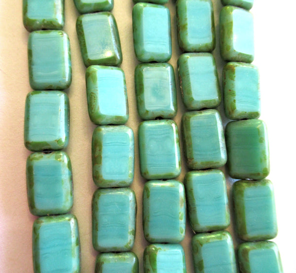 24 Czech glass rectangle beads - Opaque Turquoise Green Picasso - 12mm x 8mm - table cut beads - C00342