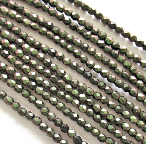 50 3mm dark green Czech glass beads - Polychrome Olive Mauve - fire polished faceted round beads - 50pcs - C0005