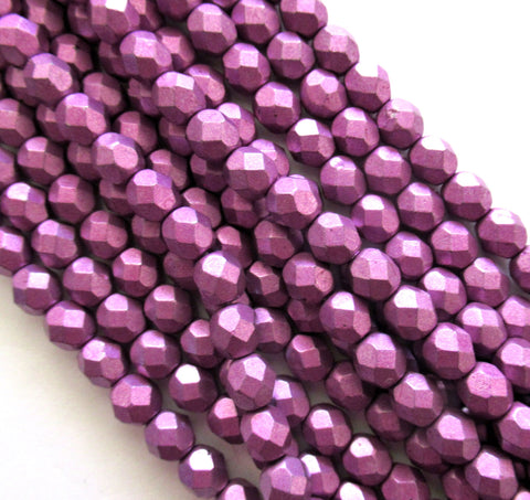 Lot of 25 6mm Czech glass beads - opaque saturated matte metallic purple pink Spring Crocus - fire polished, faceted round beads C0054