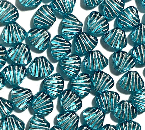 Twenty 8mm seashell, fan or clam beads - transparent aqua blue with silver accents - C0098