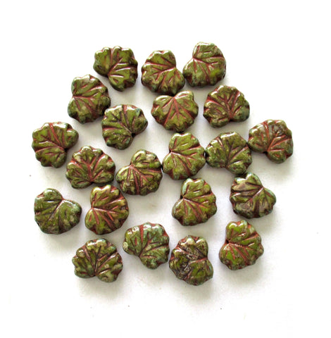 15 large Czech glass maple leaf beads - opaque green picasso beads - 10 x 13mm -earthy rustic leaves - C00002