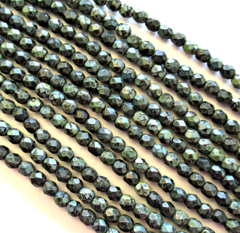 Fifty 4mm Czech glass beads - jet black with a picasso finish - fire polished faceted round beads - C0025