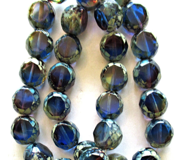 Six 12mm round faceted table cut Czech glass beads - blue & amethyst picasso mix - 2 cut window beads - chunky statement beads 00651