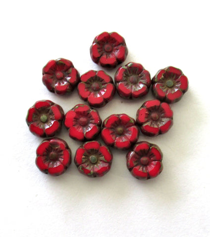 Twelve 7mm Czech glass flower beads - opaque red w/ picasso accents - table cut carved Hawaiian hibiscus flower beads C00911