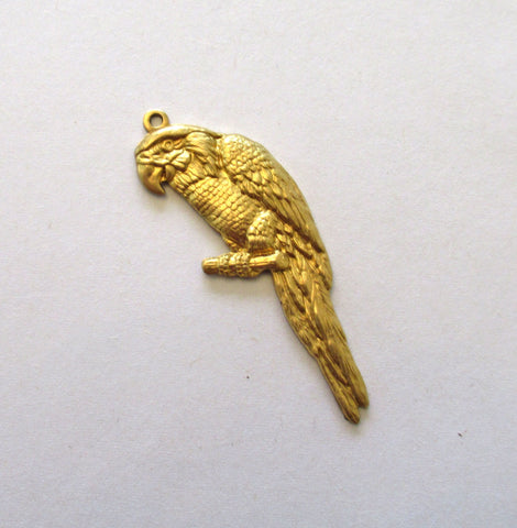 1 large raw brass bird stamping - parrot parakeet pendant - charm - ornament 2" x .75" inches - made in the USA C0017