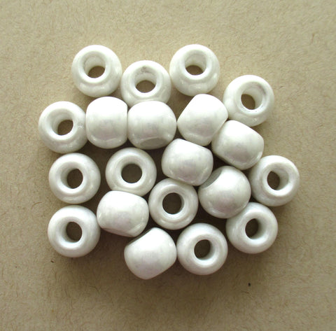 Large big hole round beads - 12mm - opaque white luster Czech glass druks - large 4mm holes - six pieces - C00401