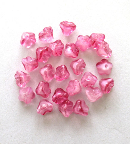 25 Czech glass bell flower beads - Pink with white hearts - pressed glass bellflower beads - 8 x 6mm - C00057