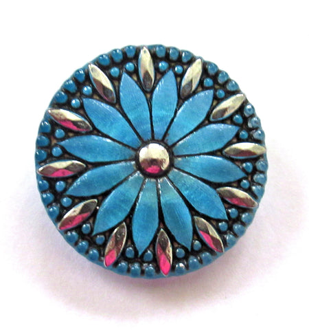 One 30mm Czech glass daisy flower button - ocean blue with a black wash & silver accents - large decorative floral shank buttons 00043