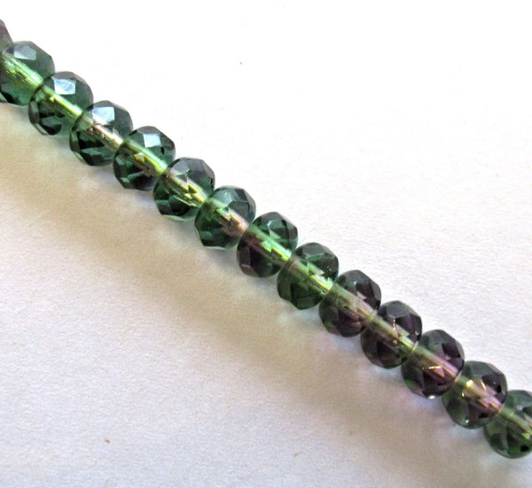 25 5 x 7mm Czech glass puffy rondelles - multicolored mix of transparent purple & green faceted fire polished rondelle beads - C00051