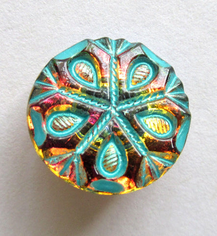 One 18mm Czech glass button - orange & pink iridescent snowflake with a turquoise wash - decorative shank button 00082