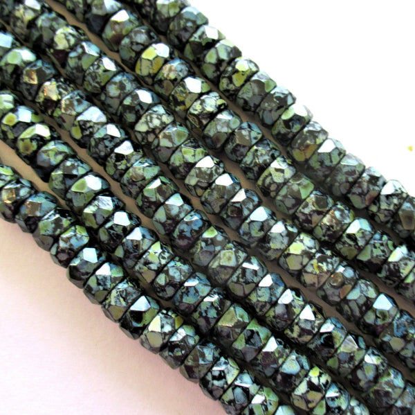 50 6 x 3mm Czech glass faceted rondelle beads - jet black picasso flat spacer beads or rondelles - C00801