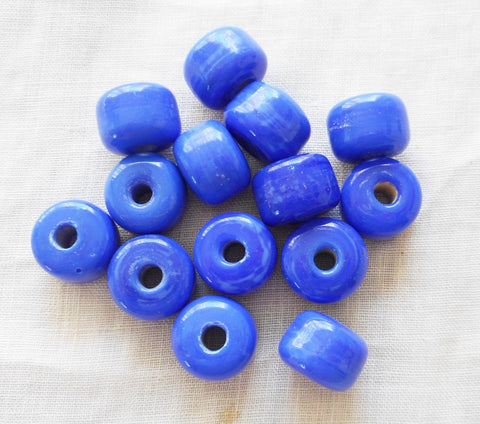 Ten 12mm x 9mm Opaque Royal Blue glass pony beads, large hole roller, big hole crow beads, Made in India, C0601