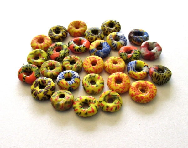 15 African recycled glass spacer beads - bright color mix - 11mm by 4mm thick - 2mm big hole, rustic, earthy beads 00521