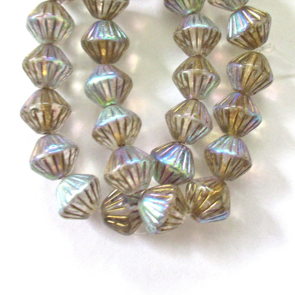 Five Czech glass bicones - 11mm x 10mm - crystal clear ab with gold accents - carved chunky rustic bicone beads C0076