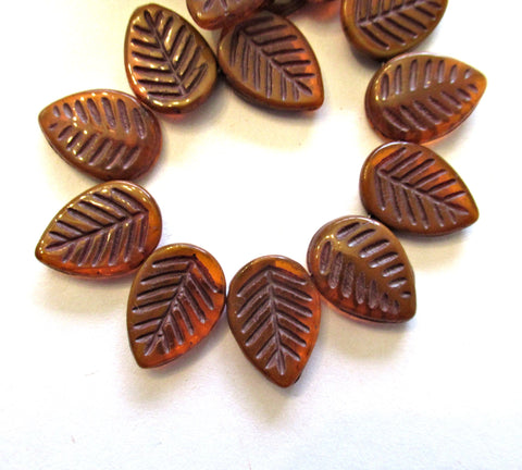 Ten large Czech glass leaf beads - side drilled - translucent burnt sienna / orange / brown beads - 12 x 16mm carved beads C00331