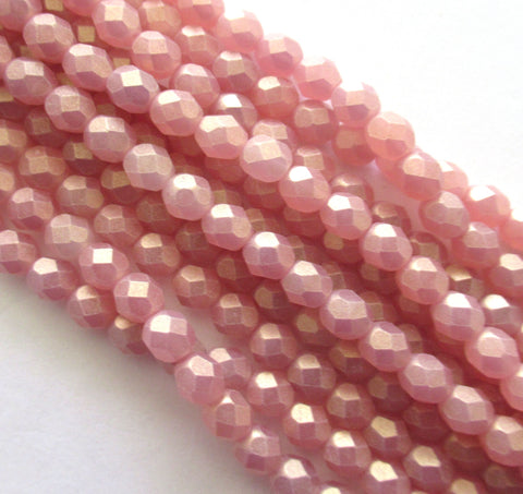 Lot of 25 6mm sueded gold milky pink Czech glass beads - round, faceted fire polished beads C0036