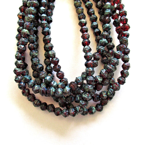 50 4mm Czech glass faceted English cut beads - garnet red with a full picasso finish - rustic earthy beads - C0057