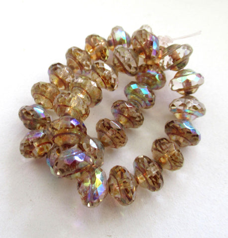 Fifteen Czech glass mini saturn beads - 6 x 8mm crystal clear picasso ab beads - faceted fire polished saucer beads - C00302