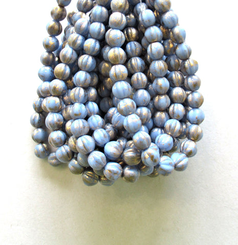 25 Czech pressed glass melon beads - 6mm opaque light periwinkle blue with gold accents - C0018