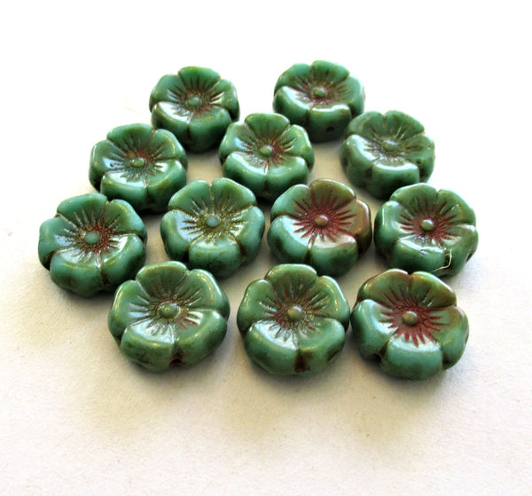 12 Czech glass flower beads - table cut carved - opaque turquoise blue green picasso - 12mm Hawaiian Hibiscus floral beads C00571