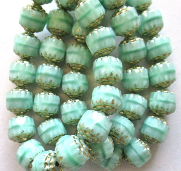 Fifteen 8mm Czech glass cathedral beads - opaque mint green silk w/ gold picasso accents - faceted fire polished antique cut beads C00522