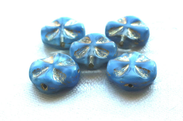 Five Czech glass coin beads, 14mm opaque blue & clear glass with gold accents, table-cut, carved, disc beads, Celtic, Iron cross C5701 - Glorious Glass Beads